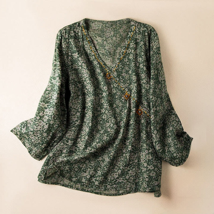 Camisa de manga larga para mujer con estampado floral y cuello en V de Buddha Stones Spring - Verdemar - US8-10，UK/AU12-14，EU40-42 (2XL) - image 7