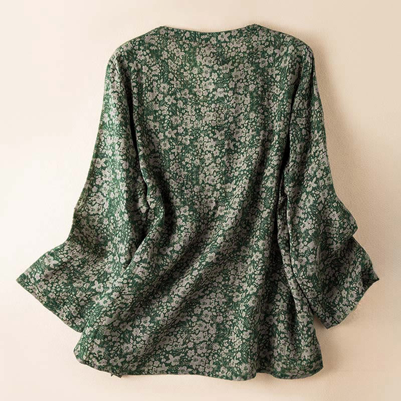 Camisa de manga larga para mujer con estampado floral y cuello en V de Buddha Stones Spring - image 9