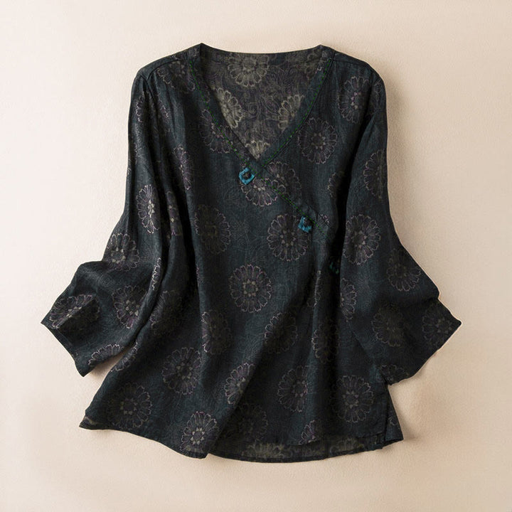 Camisa de manga larga para mujer con estampado floral y cuello en V de Buddha Stones Spring - Negro - US8-10，UK/AU12-14，EU40-42 (2XL) - image 0