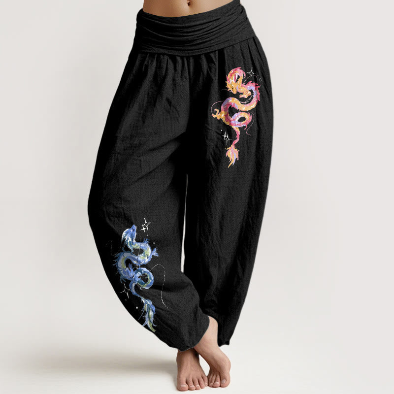 Pantalones bombachos de mujer con cintura elástica y estampado de dragón en algodón puro con Buddha Stones - Negro - US16，UK/AU20，EU48 (3XL) - image 0