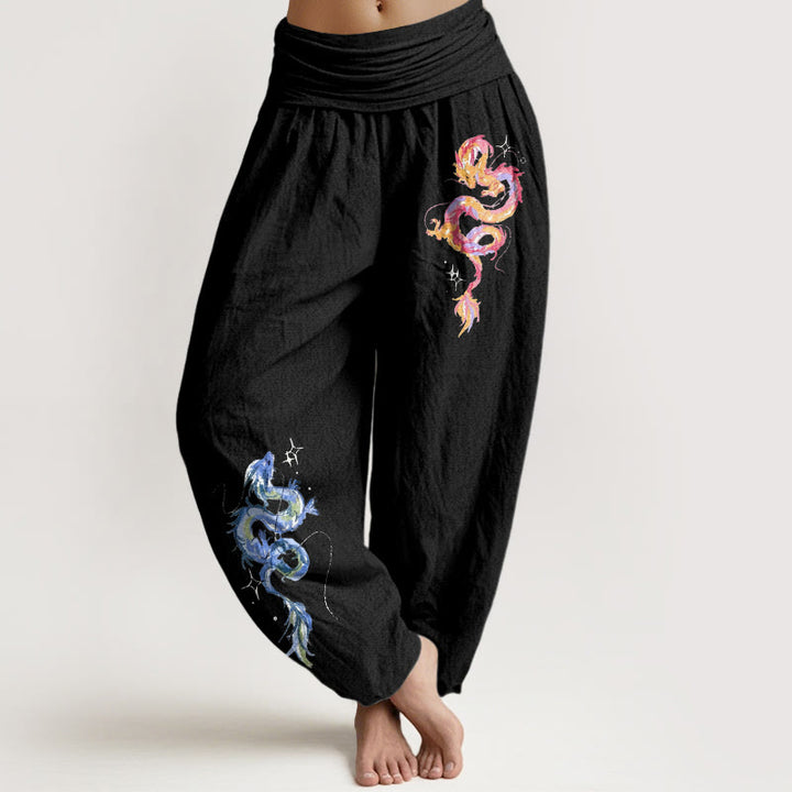Pantalones bombachos de mujer con cintura elástica y estampado de dragón en algodón puro con Buddha Stones - Negro - US16，UK/AU20，EU48 (3XL) - image 0
