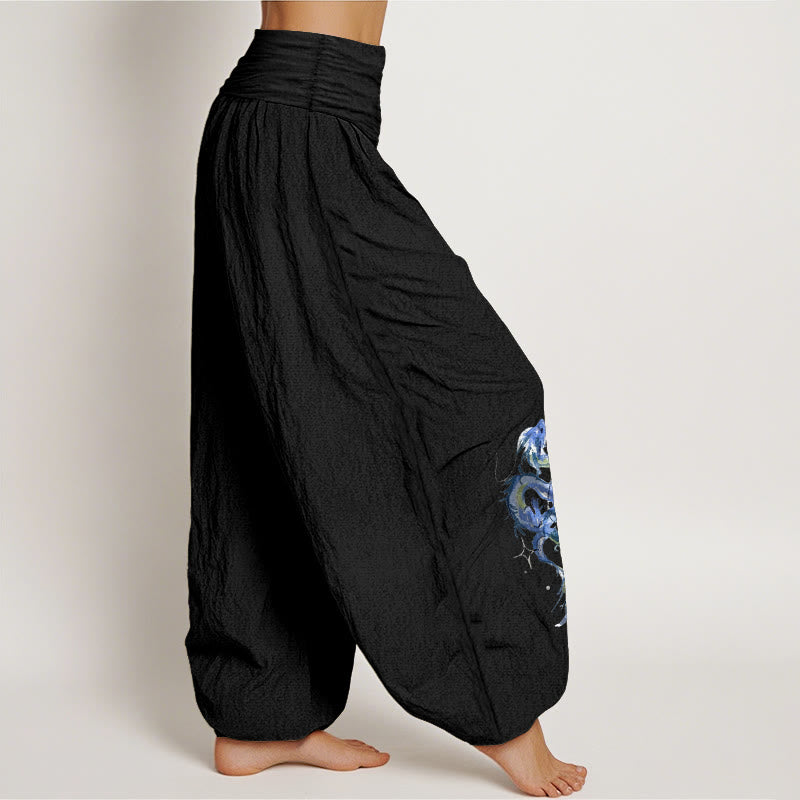 Pantalones bombachos de mujer con cintura elástica y estampado de dragón en algodón puro con Buddha Stones - image 2