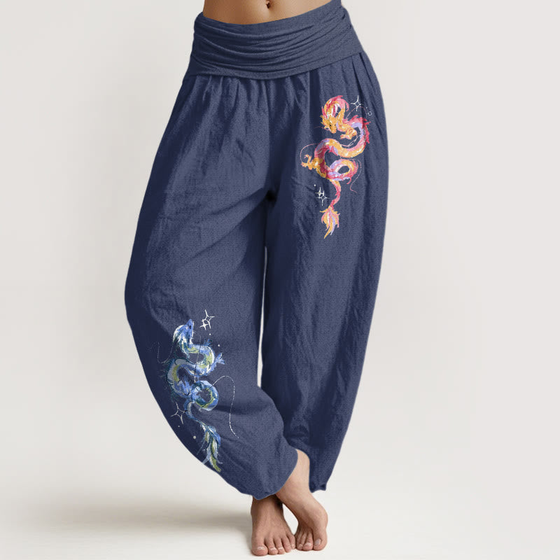 Pantalones bombachos de mujer con cintura elástica y estampado de dragón en algodón puro con Buddha Stones - Azul pizarra oscuro - US16，UK/AU20，EU48 (3XL) - image 5