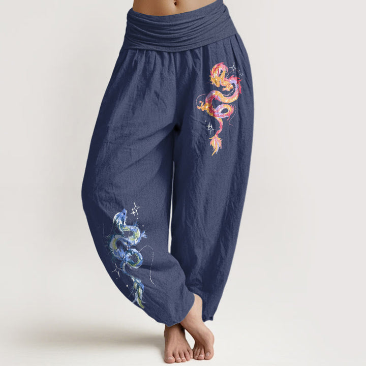 Pantalones bombachos de mujer con cintura elástica y estampado de dragón en algodón puro con Buddha Stones - Azul pizarra oscuro - US16，UK/AU20，EU48 (3XL) - image 5
