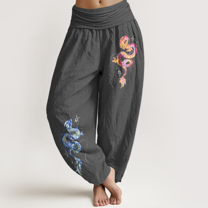 Pantalones bombachos de mujer con cintura elástica y estampado de dragón en algodón puro con Buddha Stones - Gris tenue - US16，UK/AU20，EU48 (3XL) - image 8