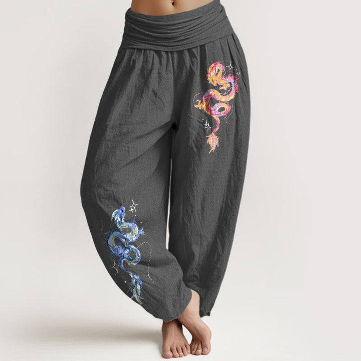 Pantalones bombachos de mujer con cintura elástica y estampado de dragón en algodón puro con Buddha Stones - Gris tenue - US16，UK/AU20，EU48 (3XL) - image 8