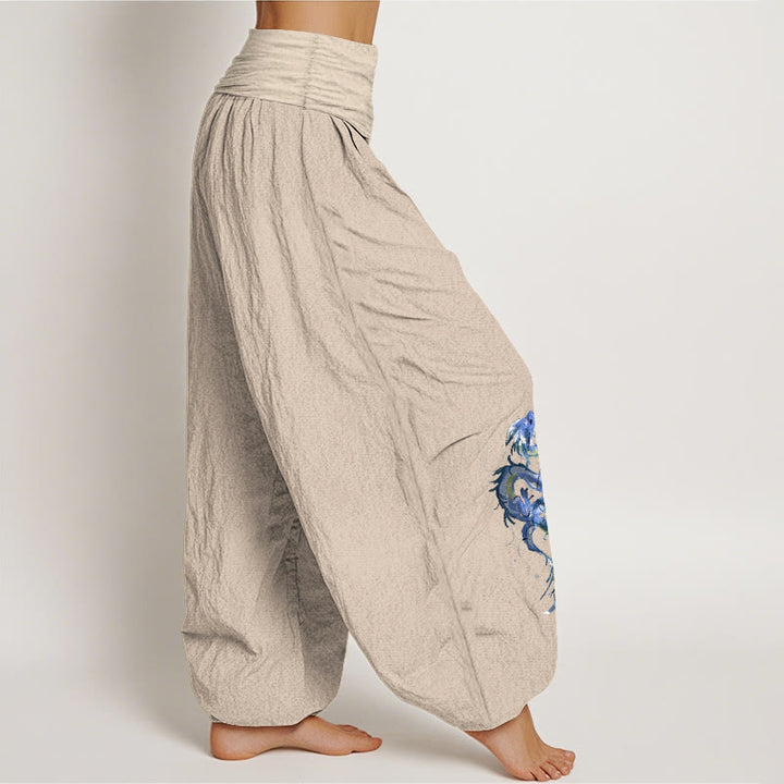 Pantalones bombachos de mujer con cintura elástica y estampado de dragón en algodón puro con Buddha Stones - image 13