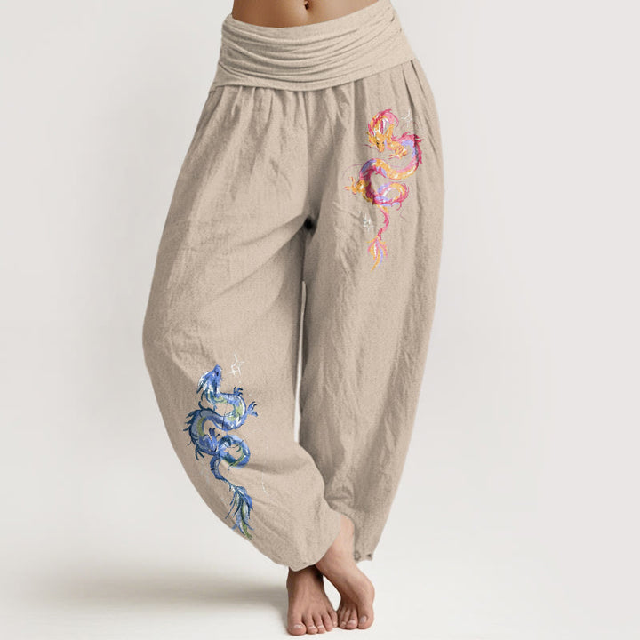 Pantalones bombachos de mujer con cintura elástica y estampado de dragón en algodón puro con Buddha Stones - Broncearse - US16，UK/AU20，EU48 (3XL) - image 11