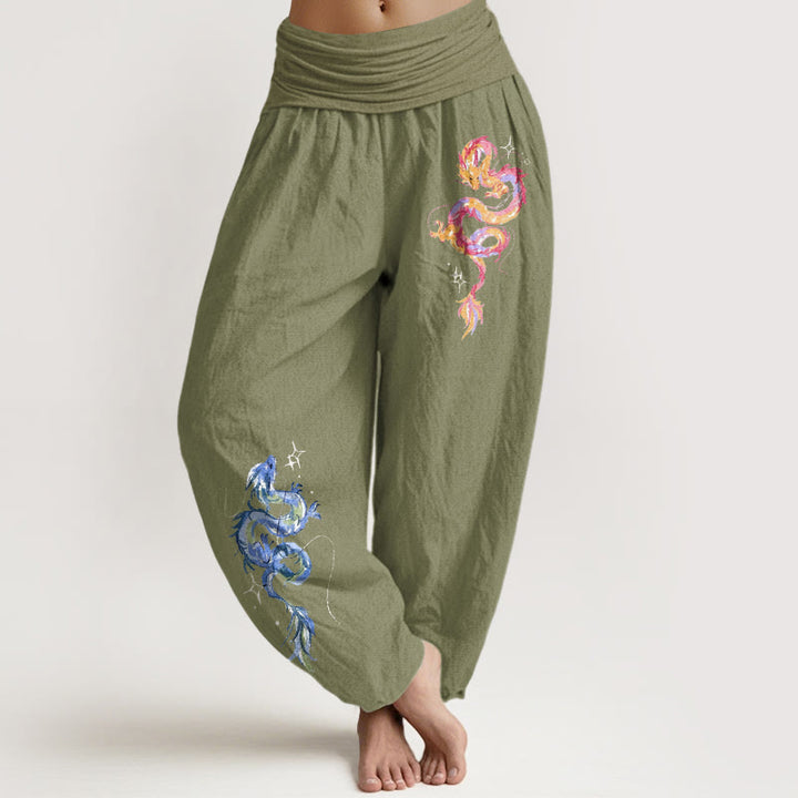 Pantalones bombachos de mujer con cintura elástica y estampado de dragón en algodón puro con Buddha Stones - Verde oliva - US16，UK/AU20，EU48 (3XL) - image 14