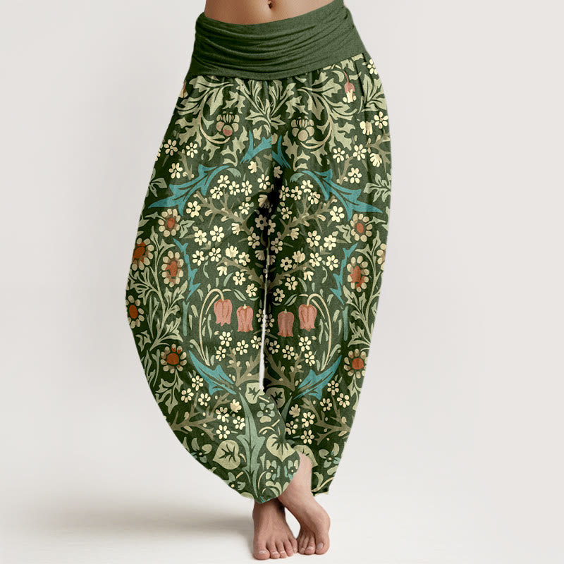 Pantalones bombachos de cintura elástica para mujer, de algodón puro con estampado retro de flores y hojas de Buddha Stones. - Verde oliva oscuro - US16，UK/AU20，EU48 (3XL) - image 0