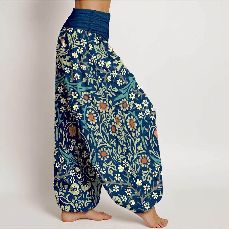 Pantalones bombachos de cintura elástica para mujer, de algodón puro con estampado retro de flores y hojas de Buddha Stones. - image 7