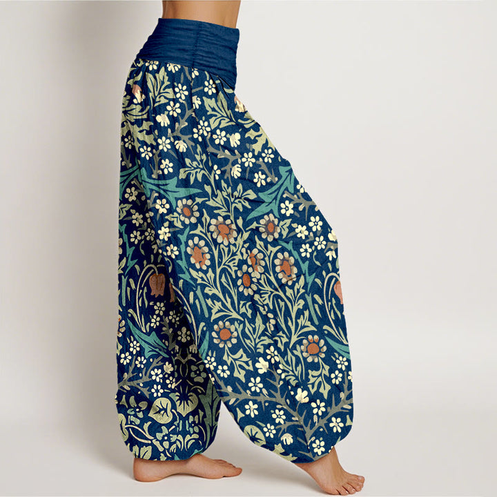 Pantalones bombachos de cintura elástica para mujer, de algodón puro con estampado retro de flores y hojas de Buddha Stones. - image 7