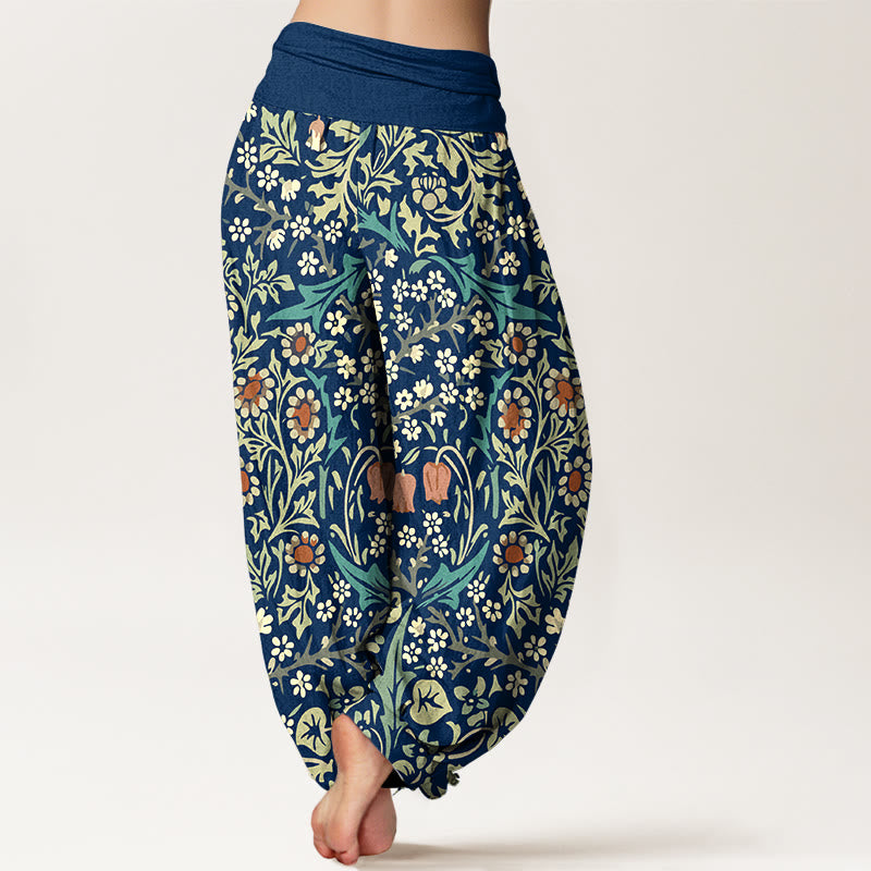 Pantalones bombachos de cintura elástica para mujer, de algodón puro con estampado retro de flores y hojas de Buddha Stones. - image 6