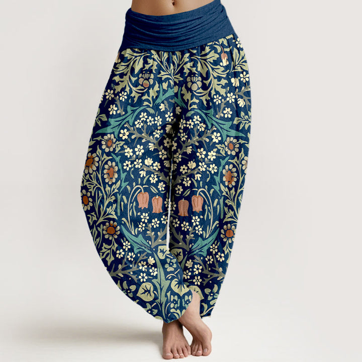 Pantalones bombachos de cintura elástica para mujer, de algodón puro con estampado retro de flores y hojas de Buddha Stones. - Marina de guerra - US16，UK/AU20，EU48 (3XL) - image 5