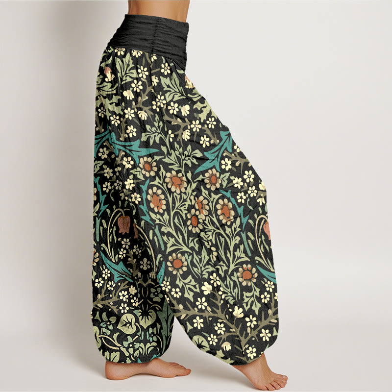 Pantalones bombachos de cintura elástica para mujer, de algodón puro con estampado retro de flores y hojas de Buddha Stones. - image 10