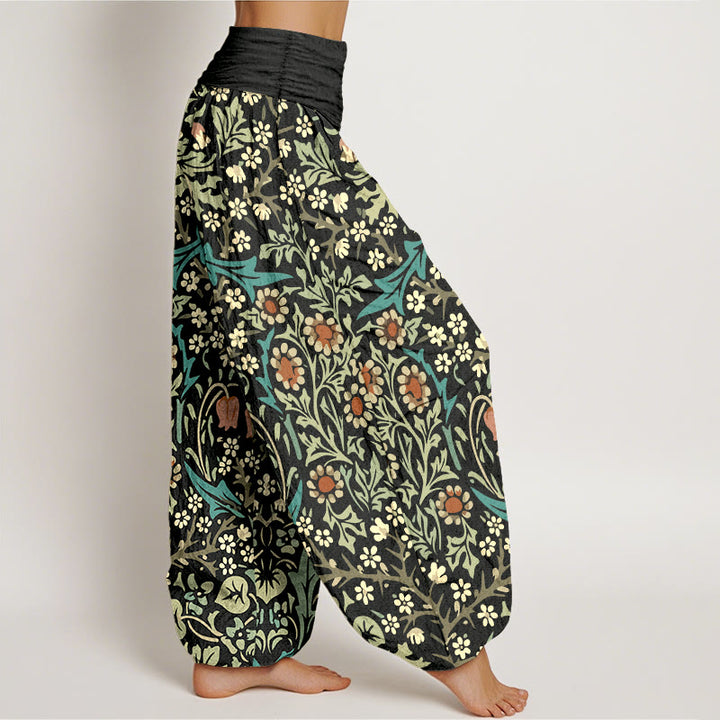 Pantalones bombachos de cintura elástica para mujer, de algodón puro con estampado retro de flores y hojas de Buddha Stones. - image 10