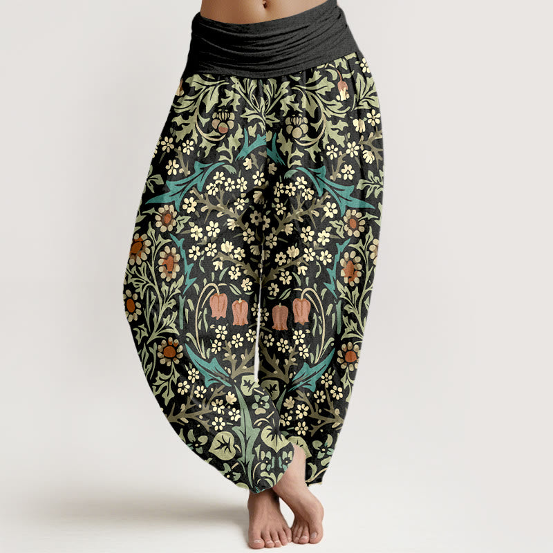 Pantalones bombachos de cintura elástica para mujer, de algodón puro con estampado retro de flores y hojas de Buddha Stones. - Negro - US16，UK/AU20，EU48 (3XL) - image 8