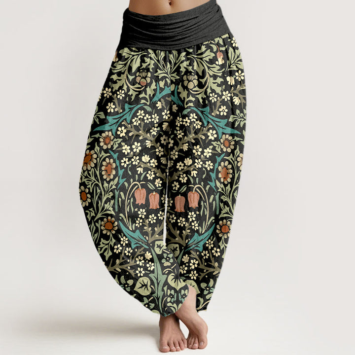 Pantalones bombachos de cintura elástica para mujer, de algodón puro con estampado retro de flores y hojas de Buddha Stones. - Negro - US16，UK/AU20，EU48 (3XL) - image 8