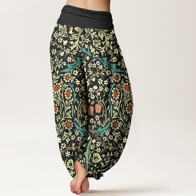 Pantalones bombachos de cintura elástica para mujer, de algodón puro con estampado retro de flores y hojas de Buddha Stones. - image 9