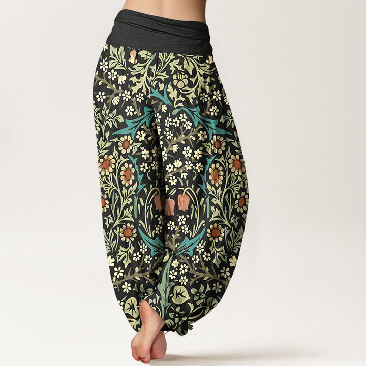 Pantalones bombachos de cintura elástica para mujer, de algodón puro con estampado retro de flores y hojas de Buddha Stones. - image 9