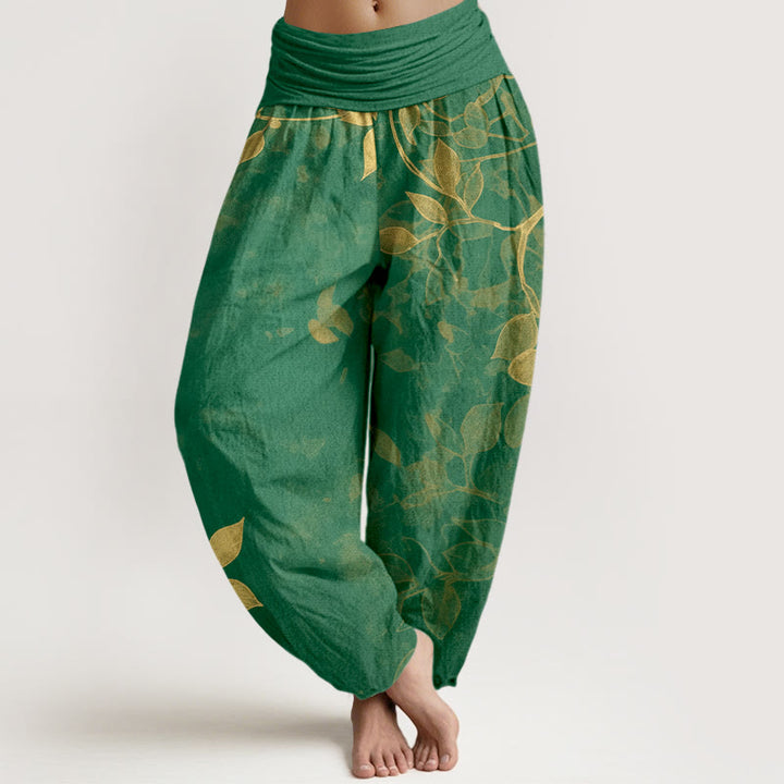 Pantalones bombachos de mujer con cintura elástica, de algodón puro con estampado de hojas en tonos suaves y Buddha Stones. - Verde - US16，UK/AU20，EU48 (3XL) - image 0