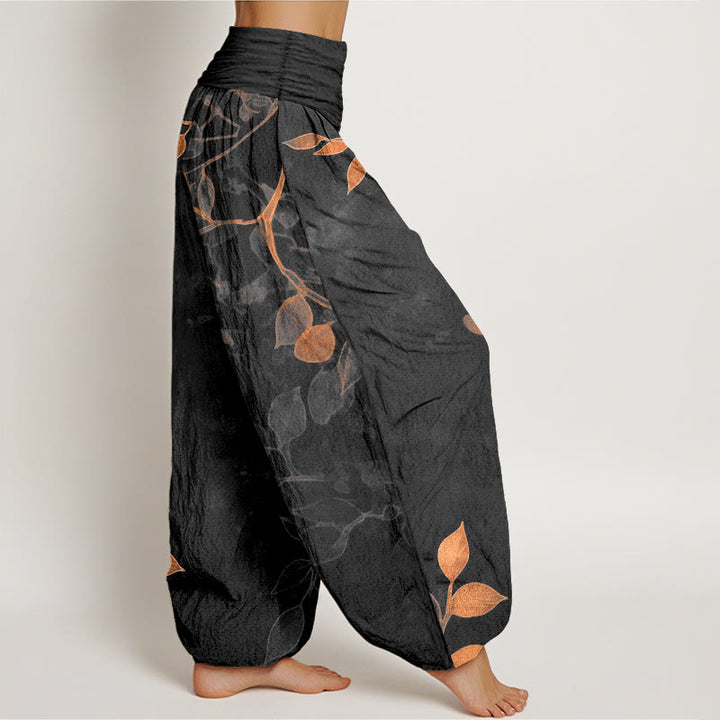 Pantalones bombachos de mujer con cintura elástica, de algodón puro con estampado de hojas en tonos suaves y Buddha Stones. - image 7