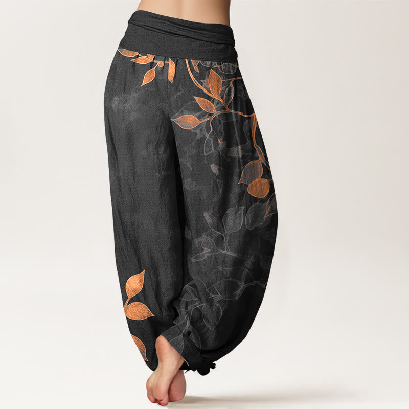Pantalones bombachos de mujer con cintura elástica, de algodón puro con estampado de hojas en tonos suaves y Buddha Stones. - image 6