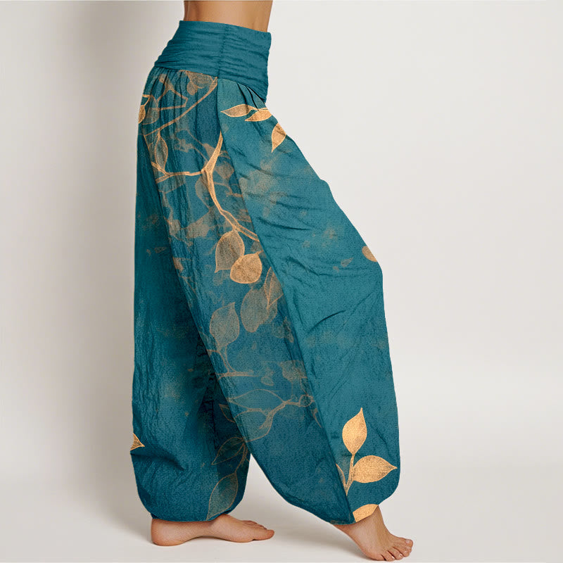 Pantalones bombachos de mujer con cintura elástica, de algodón puro con estampado de hojas en tonos suaves y Buddha Stones. - image 10
