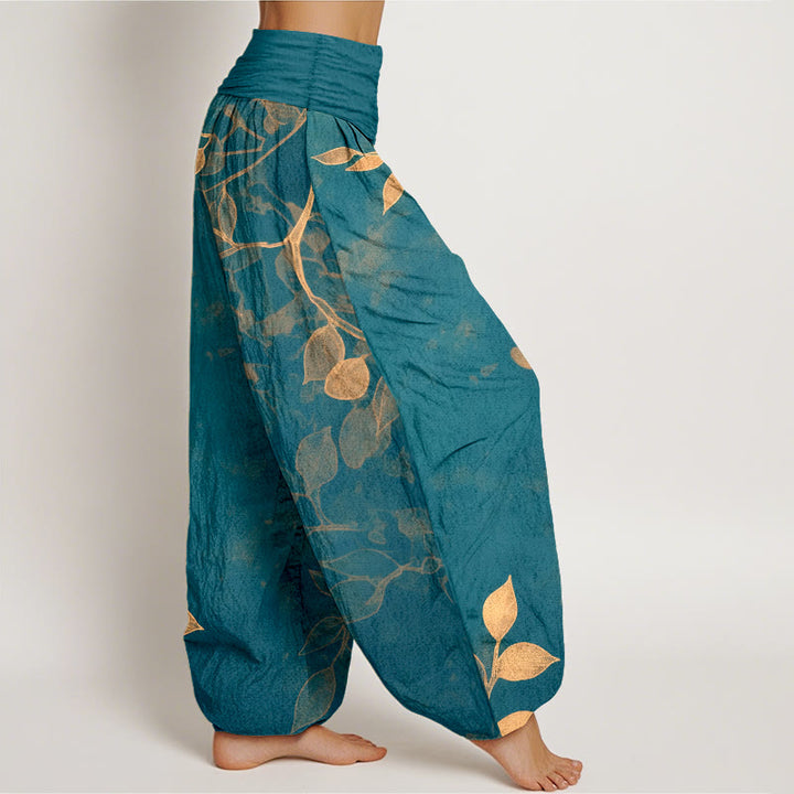 Pantalones bombachos de mujer con cintura elástica, de algodón puro con estampado de hojas en tonos suaves y Buddha Stones. - image 10