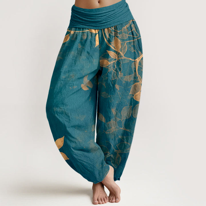 Pantalones bombachos de mujer con cintura elástica, de algodón puro con estampado de hojas en tonos suaves y Buddha Stones. - Verde azulado - US16，UK/AU20，EU48 (3XL) - image 8
