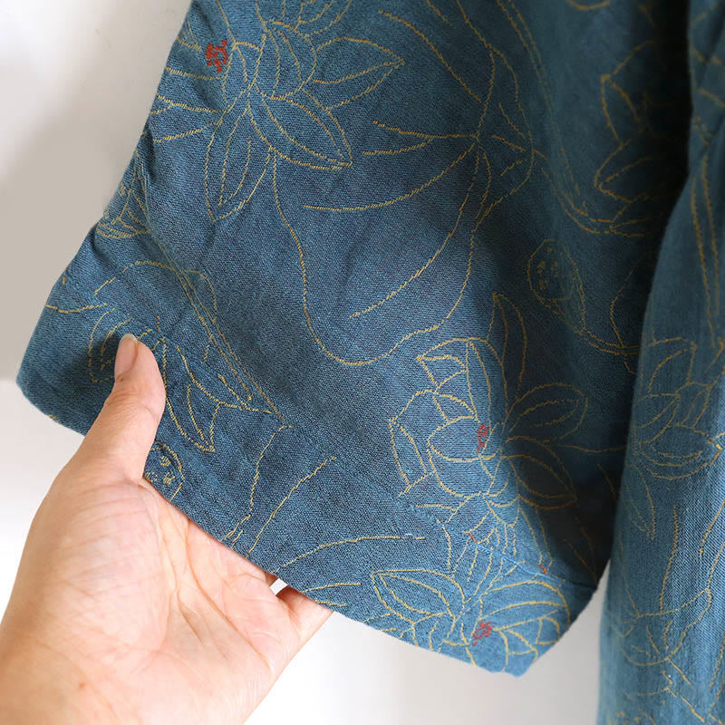 Vestido midi de algodón de manga larga con cuello alto, estampado floral jacquard con Buddha Stones - image 6