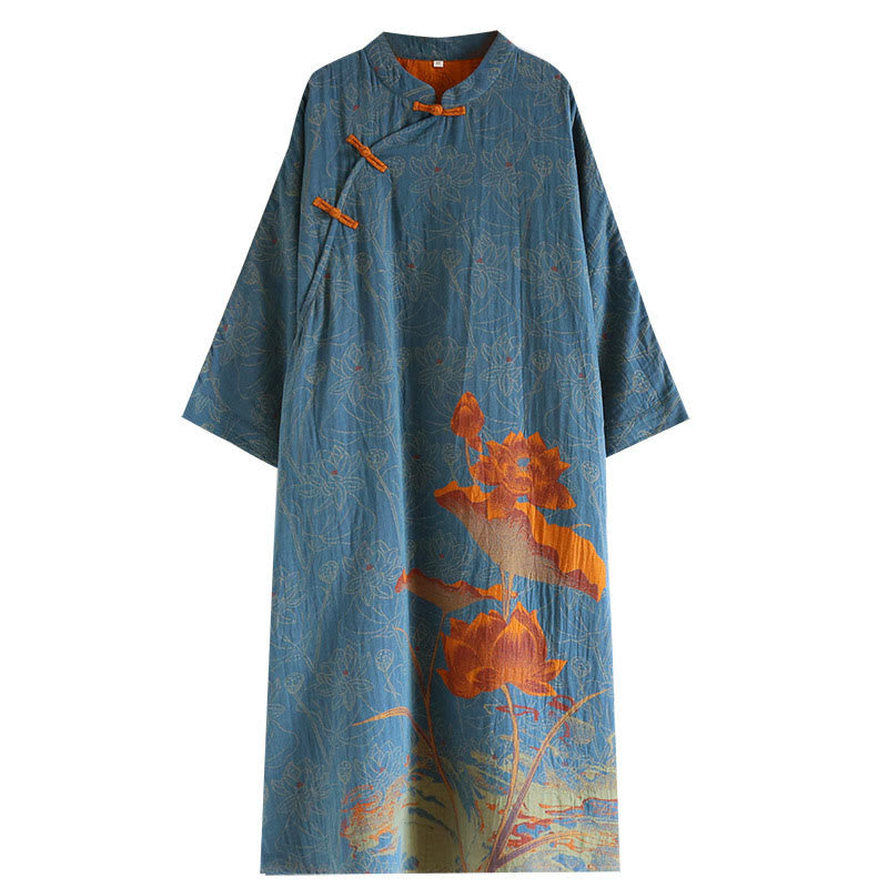 Vestido midi de algodón de manga larga con cuello alto, estampado floral jacquard con Buddha Stones - image 10