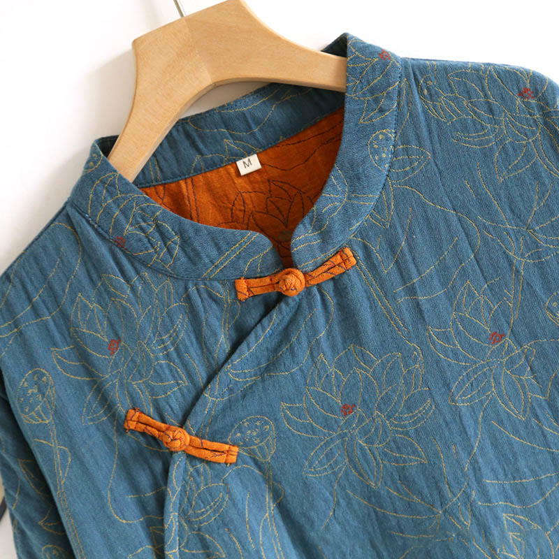 Vestido midi de algodón de manga larga con cuello alto, estampado floral jacquard con Buddha Stones - image 4