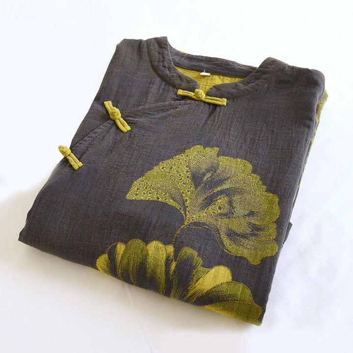 Vestido midi de algodón de manga larga con cuello alto, estampado floral jacquard con Buddha Stones - image 12