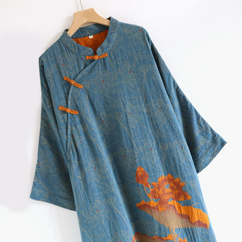 Vestido midi de algodón de manga larga con cuello alto, estampado floral jacquard con Buddha Stones - image 3