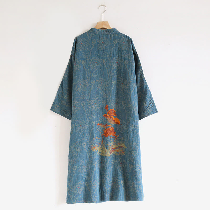 Vestido midi de algodón de manga larga con cuello alto, estampado floral jacquard con Buddha Stones - image 1