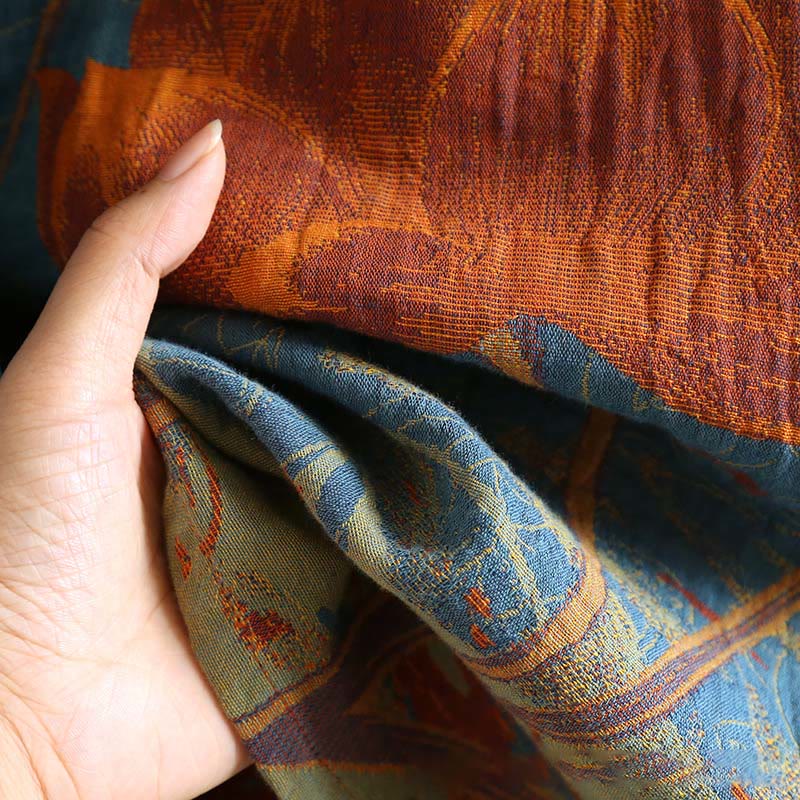 Vestido midi de algodón de manga larga con cuello alto, estampado floral jacquard con Buddha Stones - image 8