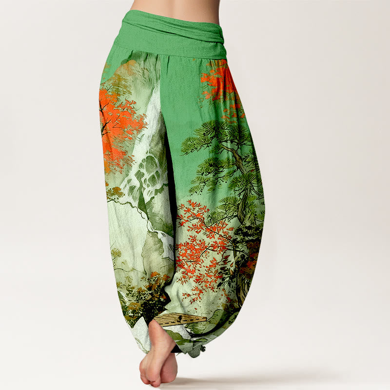Pantalones bombachos de cintura elástica para mujer, de algodón puro con estampado de árboles y paisajes a juego , de Buddha Stones. - image 2