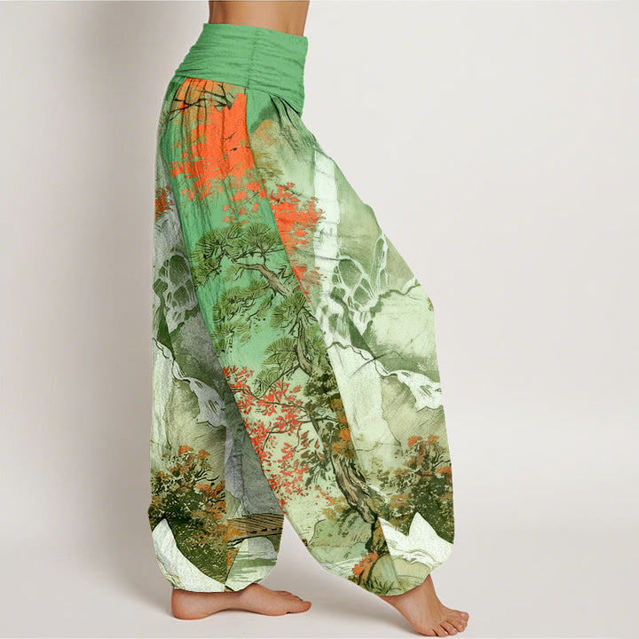 Pantalones bombachos de cintura elástica para mujer, de algodón puro con estampado de árboles y paisajes a juego , de Buddha Stones. - image 1