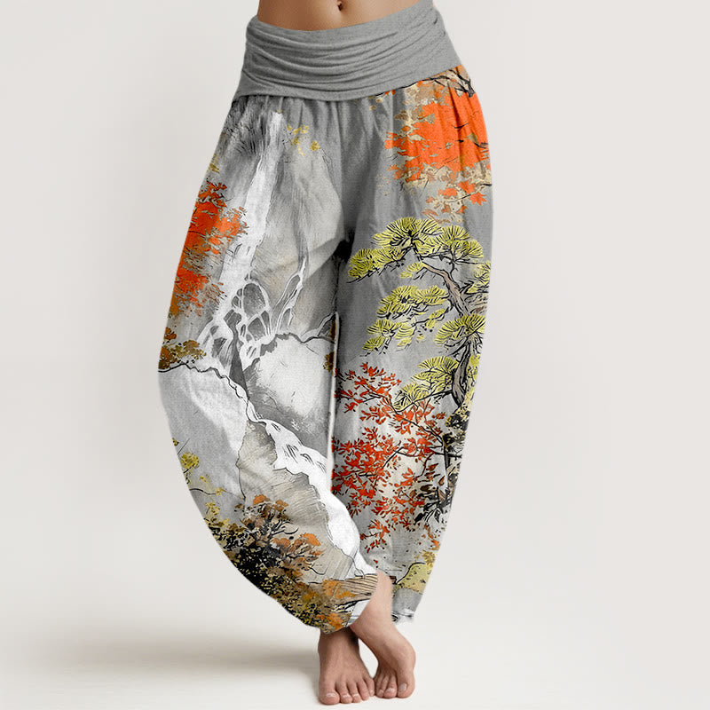 Pantalones bombachos de cintura elástica para mujer, de algodón puro con estampado de árboles y paisajes a juego , de Buddha Stones. - Gris oscuro - US16，UK/AU20，EU48 (3XL) - image 5