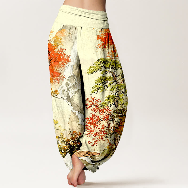 Pantalones bombachos de cintura elástica para mujer, de algodón puro con estampado de árboles y paisajes a juego , de Buddha Stones. - image 10