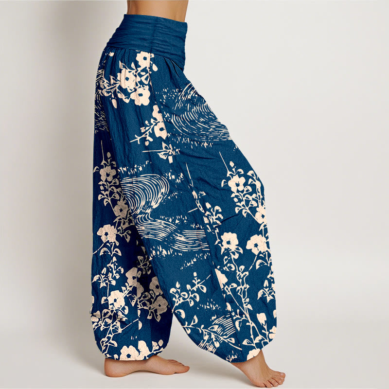 Pantalones bombachos de cintura elástica para mujer, de algodón puro con estampado floral sencillo de Buddha Stones. - image 2