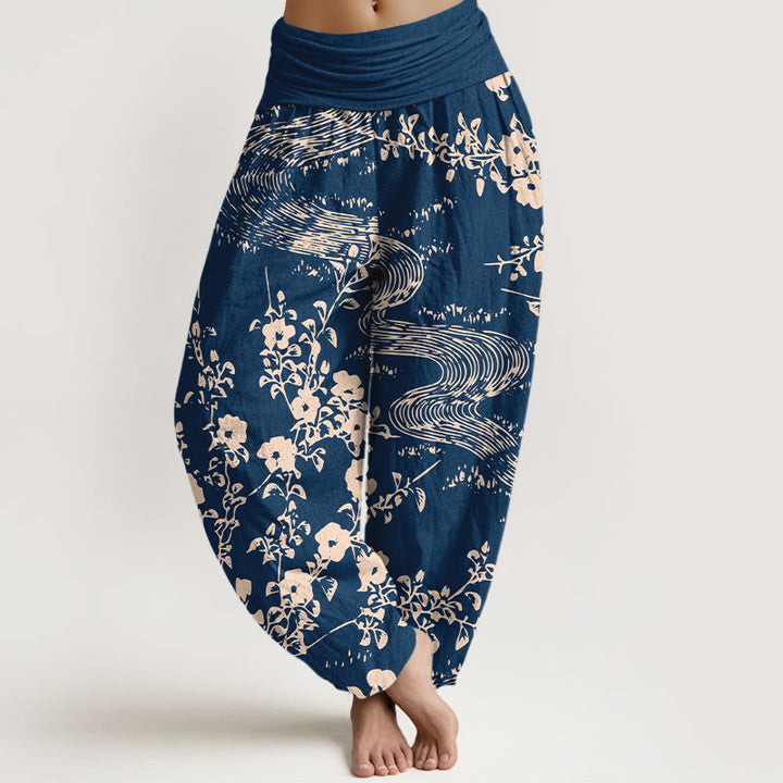Pantalones bombachos de cintura elástica para mujer, de algodón puro con estampado floral sencillo de Buddha Stones. - Azul oscuro - US16，UK/AU20，EU48 (3XL) - image 0