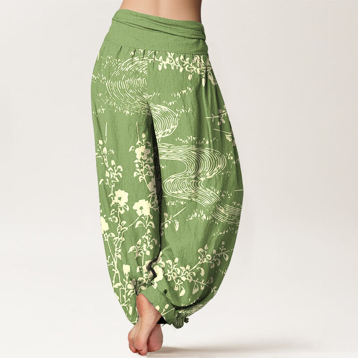 Pantalones bombachos de cintura elástica para mujer, de algodón puro con estampado floral sencillo de Buddha Stones. - image 9