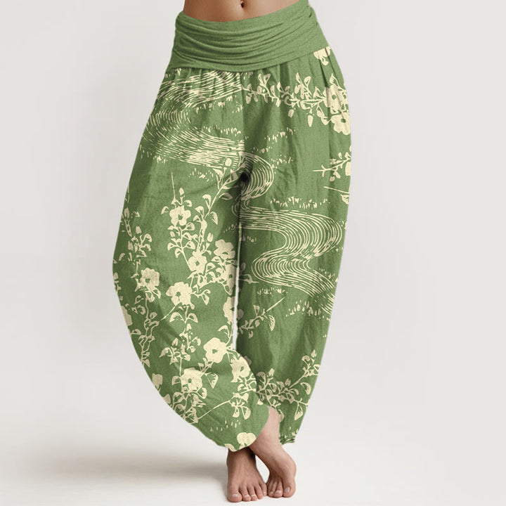 Pantalones bombachos de cintura elástica para mujer, de algodón puro con estampado floral sencillo de Buddha Stones. - Verde amarillento - US16，UK/AU20，EU48 (3XL) - image 8