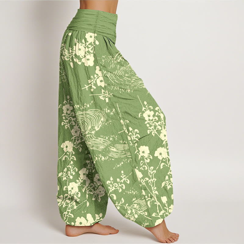 Pantalones bombachos de cintura elástica para mujer, de algodón puro con estampado floral sencillo de Buddha Stones. - image 10