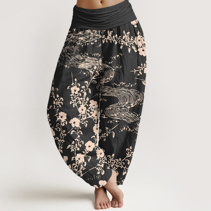 Pantalones bombachos de cintura elástica para mujer, de algodón puro con estampado floral sencillo de Buddha Stones. - Negro - US16，UK/AU20，EU48 (3XL) - image 5