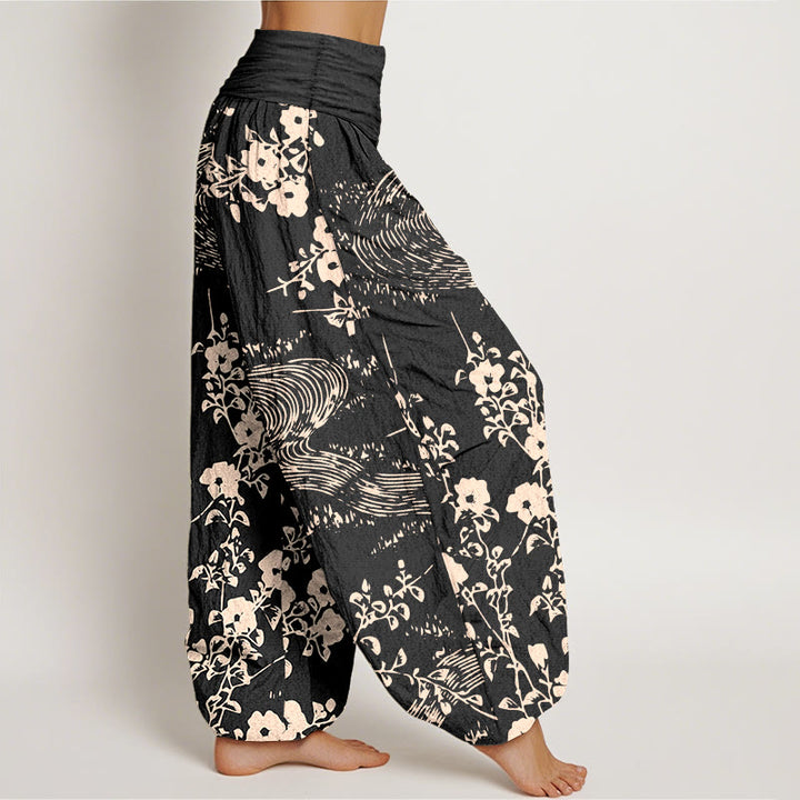 Pantalones bombachos de cintura elástica para mujer, de algodón puro con estampado floral sencillo de Buddha Stones. - image 7