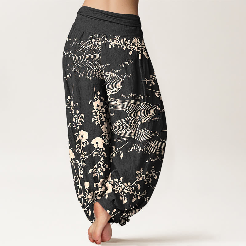 Pantalones bombachos de cintura elástica para mujer, de algodón puro con estampado floral sencillo de Buddha Stones. - image 6