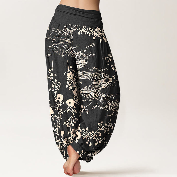Pantalones bombachos de cintura elástica para mujer, de algodón puro con estampado floral sencillo de Buddha Stones. - image 6